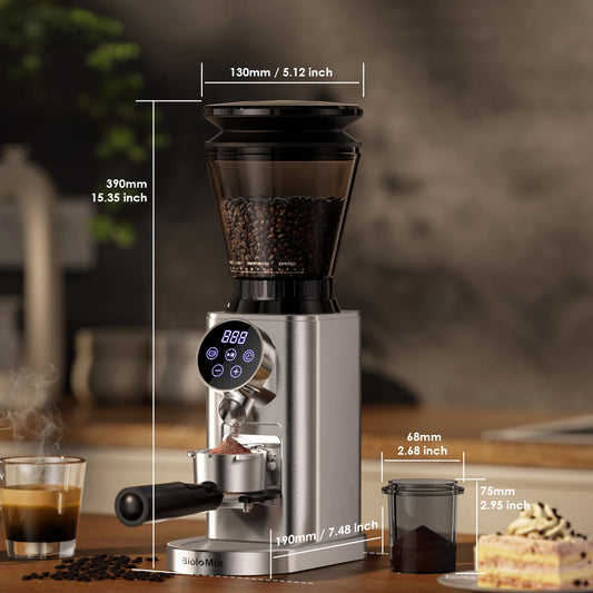 Moulin à café BioloMix électrique, meules coniques, 48 réglages, idéal espresso.